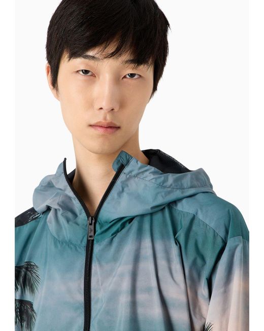 Emporio Armani Blue Sustainability Values Capsule Collection All-over Print Recycled Satin Hooded Blouson for men
