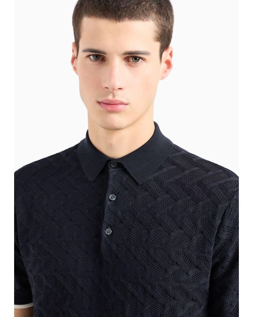 Emporio Armani Blue Patterned-knit Polo Shirt for men
