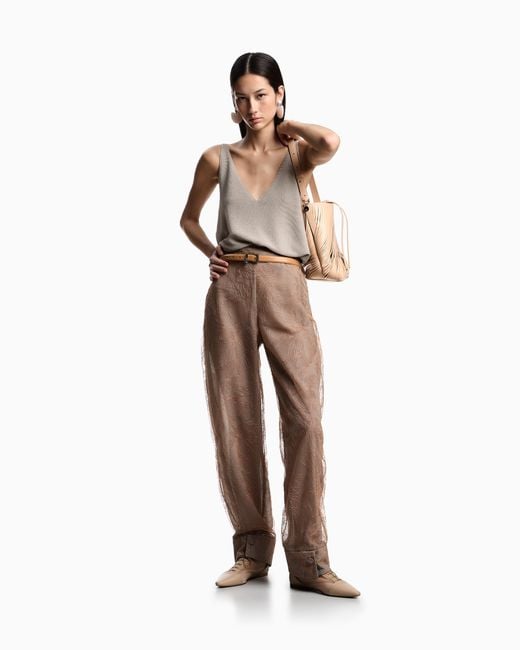 Emporio Armani Brown Tulle Trousers Embroidered With An Embossed Lurex Flowers Pattern