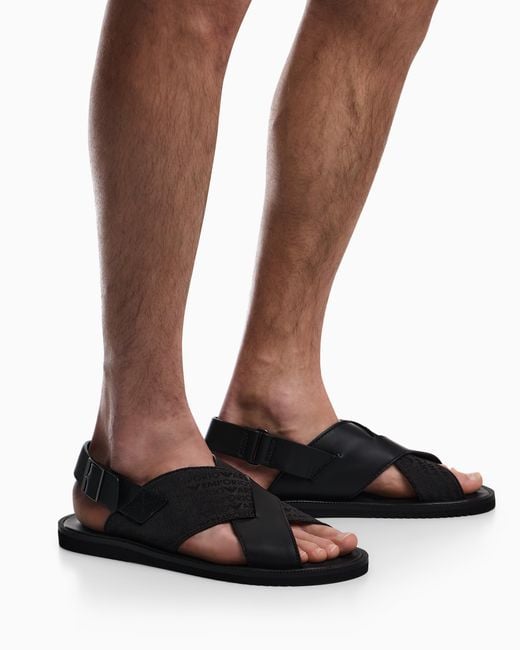 Emporio Armani White Leather And Jacquard Cross-Over Sandals for men