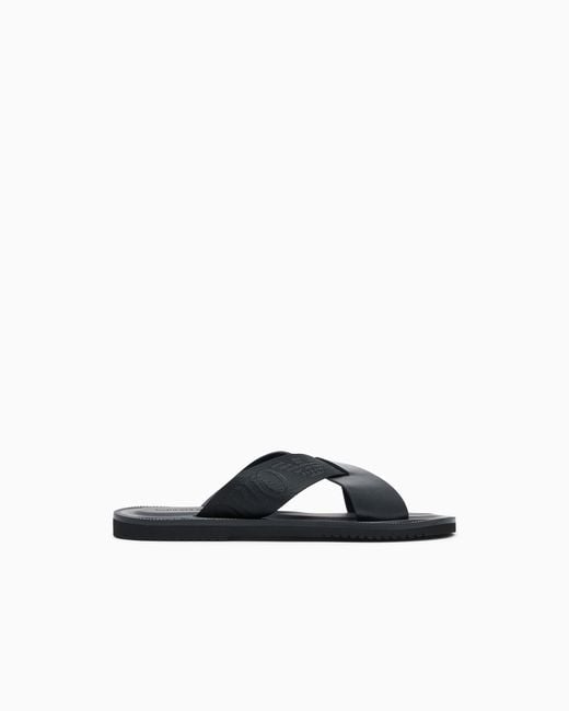 Emporio Armani Blue Leather Cross-Over Sandals With Logo Tape for men