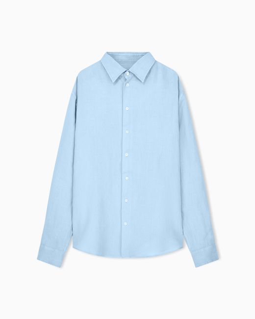 Emporio Armani Blue Garment-Dyed Linen Shirt With French Collar for men