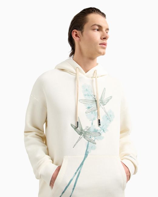 Emporio Armani White Asv Jersey Hooded Sweatshirt With Dragonfly Print And Embroidery for men