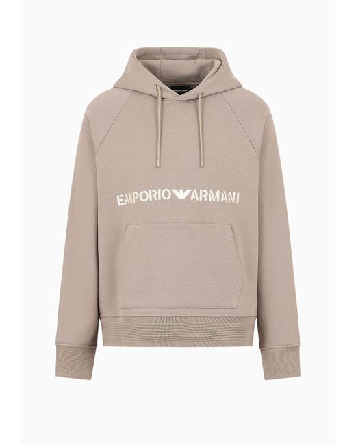 Emporio Armani Natural Heavyweight Jersey Hooded Sweatshirt With Military-style Font Logo Embroidery for men