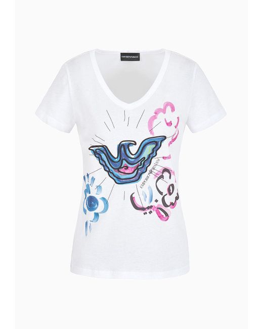 Emporio Armani White V-neck T-shirt In Soft Modal-blend Jersey With Eagle Embroidery And Print