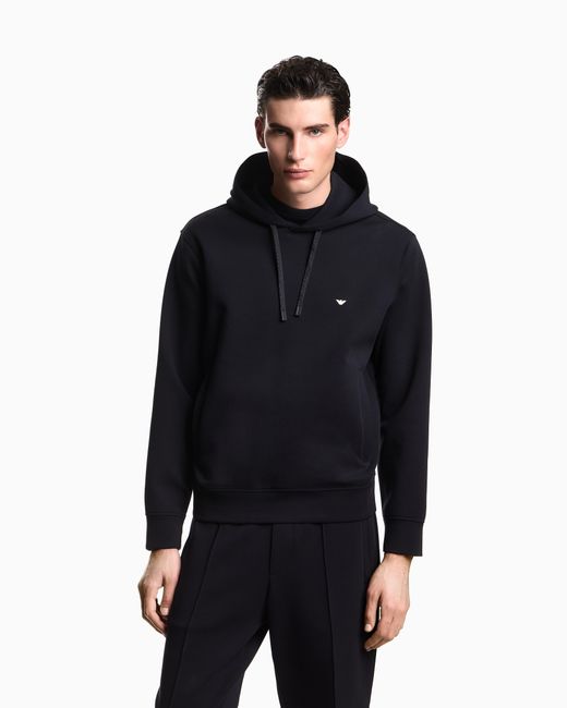 Emporio Armani Blue Double-Jersey Hooded Sweatshirt With Embroidered Micro Eagle Logo for men