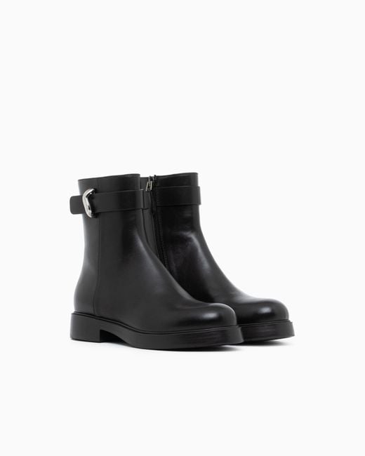 Emporio Armani Black Leather Ankle Boots With Side Zip And Buckled Strap