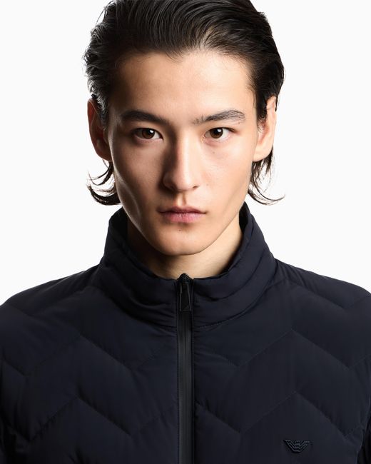 Emporio Armani Blue Nylon Down Jacket With Zip And Chevron Quilting Essential for men