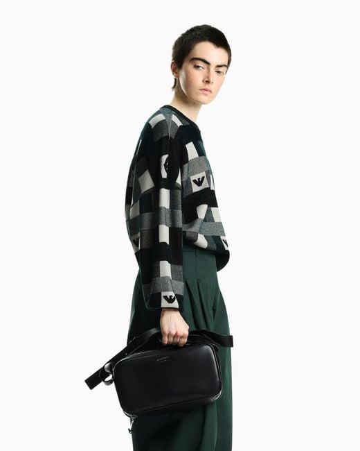 Emporio Armani Black Crew Neck Pullover With Checkered Inlay Graphic And Logo