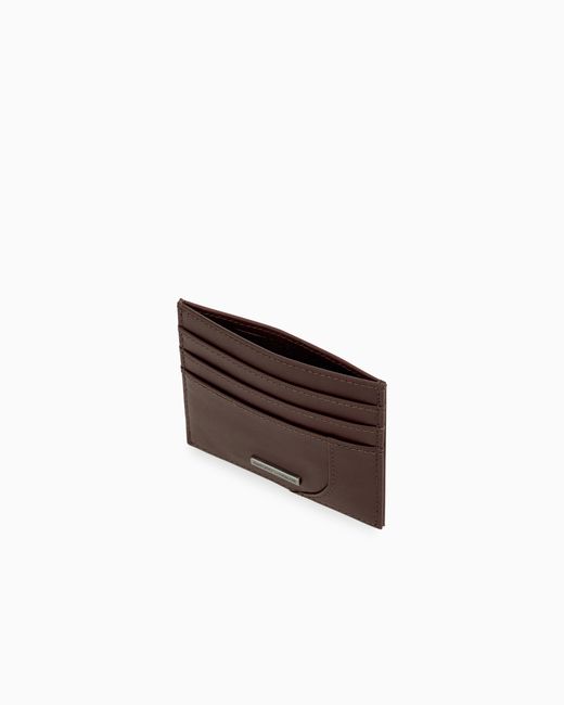 Emporio Armani Brown Smooth Leather Card Holder With Metal Logo Plaque for men