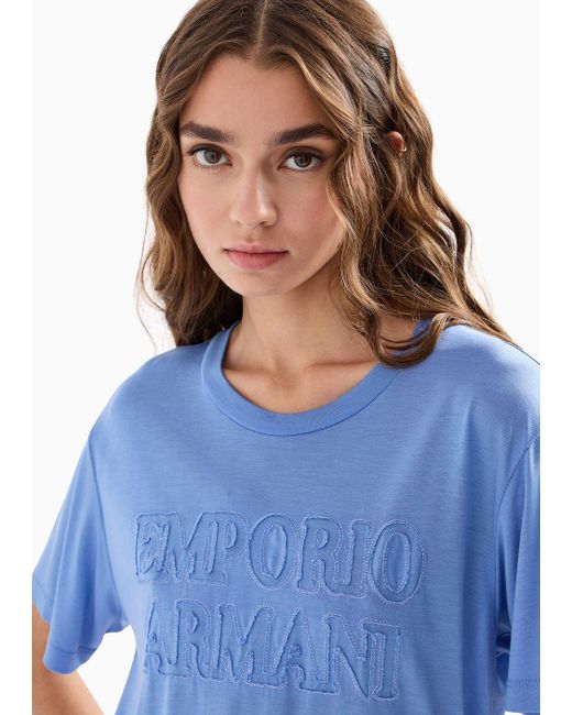 Emporio Armani Blue Asv Washed Lyocell T-shirt With Devoré-effect Logo