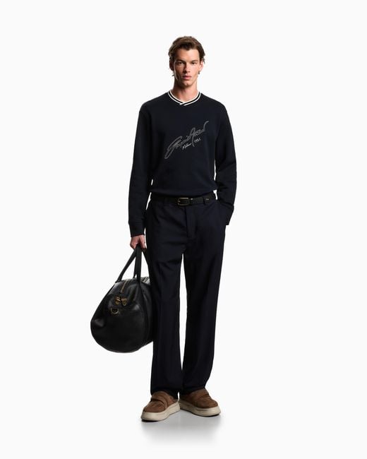 Emporio Armani Blue French Terry Jersey Sweatshirt With Embroidered Signature Logo for men