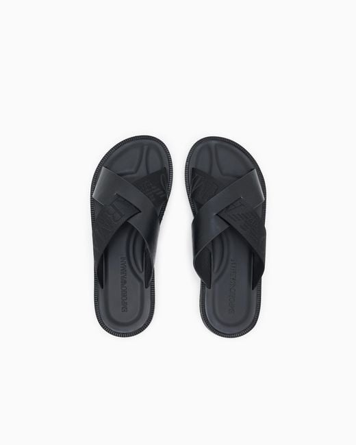 Emporio Armani Blue Leather Cross-Over Sandals With Logo Tape for men