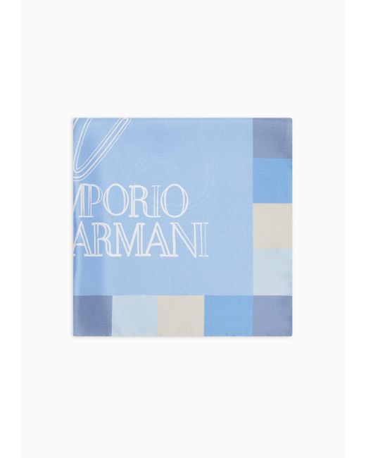 Fular De Seda Con Estampado De Logotipo Enmarcado Emporio Armani de color Blue