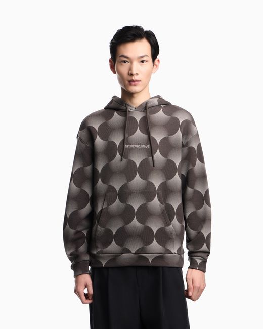Emporio Armani Gray Op-Art Print Jersey Hooded Sweatshirt for men