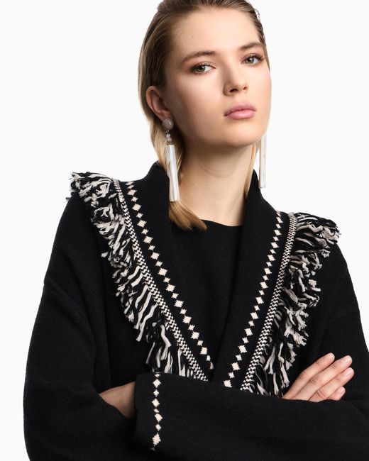 Emporio Armani Black Oversized Cardigan With Fringed Edges And Jacquard Motif