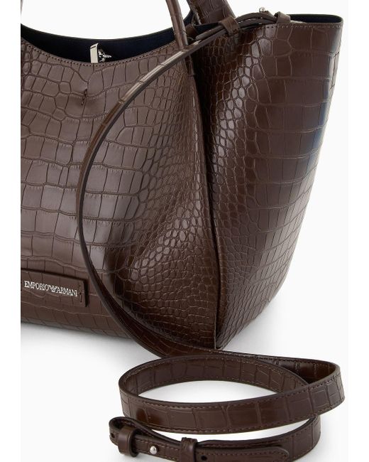 Emporio Armani Brown Shopper Bag With Mock-croc Finish And Logo Charm