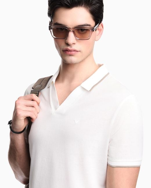 Emporio Armani White V-Neck Piqué Polo Shirt for men