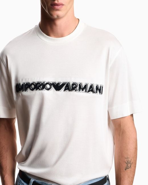 Emporio Armani White Lyocell Blend Jersey T-Shirt With Soft-Touch Embossed Logo for men
