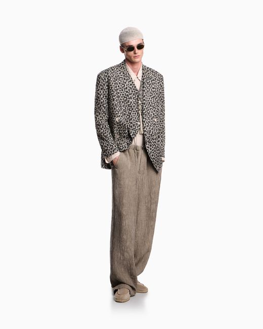 Emporio Armani Gray Cold-Dyed Bark-Look Jacquard Linen Blend Trousers for men