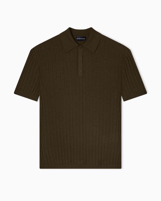 Emporio Armani Green Travel Essential Rib Knit Jacquard Polo Collar Jumper for men