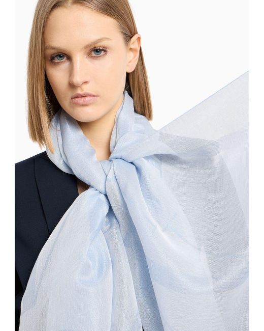 Emporio Armani Blue Viscose And Modal Blend Stole With Jacquard Lettering