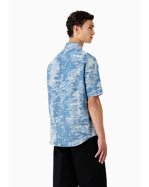 Camicia Comfort Fit Maniche Corte In Denim Camouflage Jacquard di Emporio Armani in Blue da Uomo