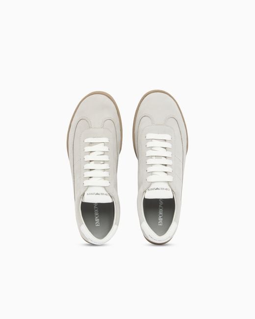 Emporio Armani White Nubuck Sneakers With Perforated Details And A Rubber Sole