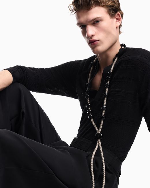 Emporio Armani Black Lyocell-Blend, Henley Neckline Jumper for men