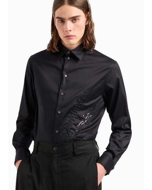 Emporio Armani Blue No-iron Stretch Cotton Shirt With Nature-themed Sequin Embroidery for men