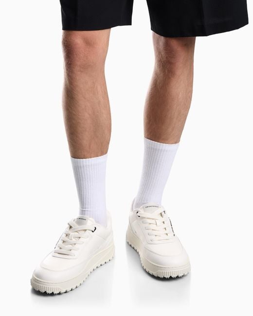 Emporio Armani White Smooth Leather Lace-Up Sneakers With A Textured Rubber Sole for men
