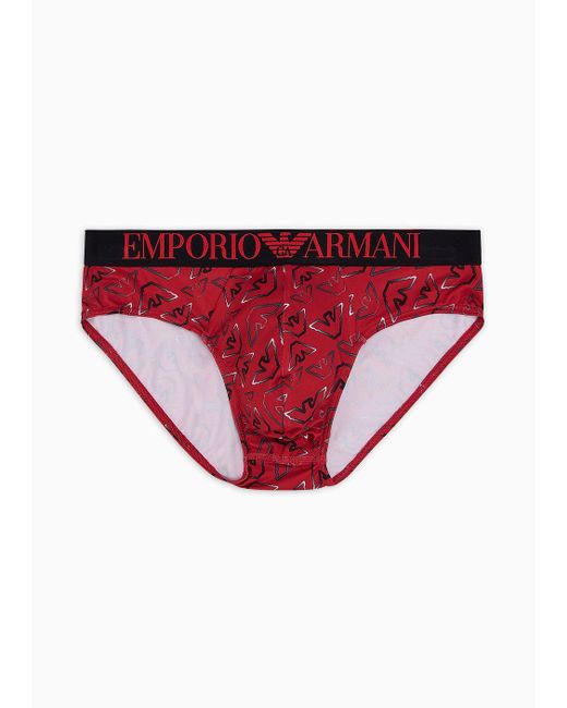 Emporio Armani Red Ari Sustainability Values All-over Eagle Recycled Microfibre Briefs for men