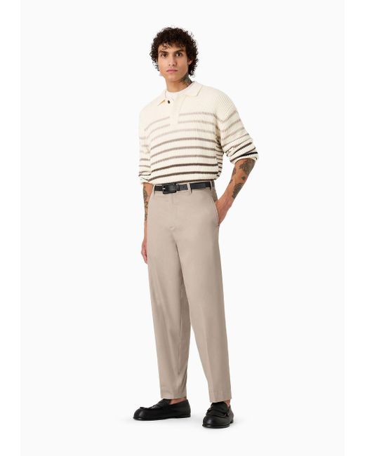 Emporio Armani White Striped, Cob-stitched Cotton Jumper With Polo-shirt Collar for men