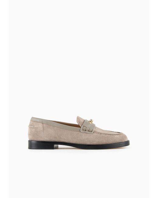 Emporio Armani White Suede Icon Loafers With Leather Details