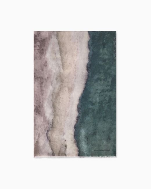Emporio Armani Blue Fringed Virgin Wool Stole With An Abstract Watercolor Print
