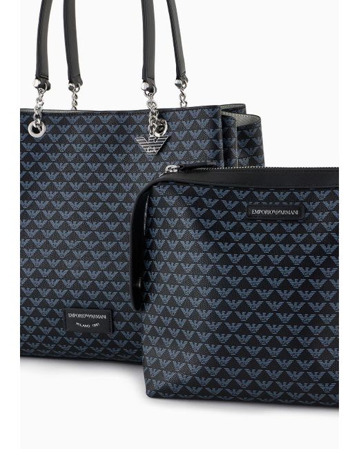 Emporio Armani Blue All-over Eagle Shopper Bag With Eagle Charm