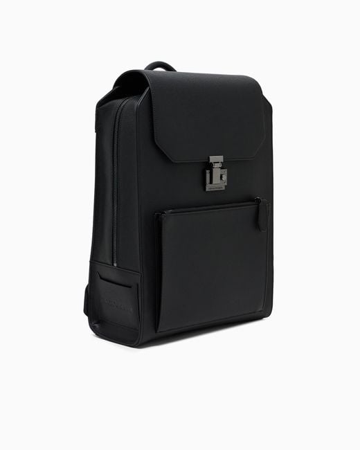 Emporio Armani Black Tumbled Top With Flap Leather Backpack And Laptop Sleeve for men