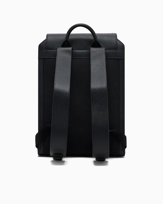 Emporio Armani Black Tumbled Top With Flap Leather Backpack And Laptop Sleeve for men