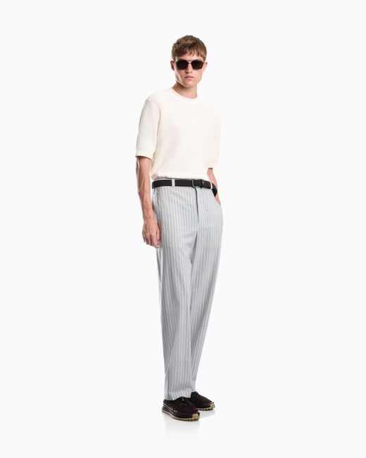 Emporio Armani White Straight-Leg Striped Trousers for men