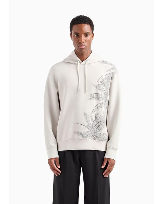 Emporio Armani White Double-jersey Hooded Sweatshirt With A Palm-tree Embroidery And Print for men