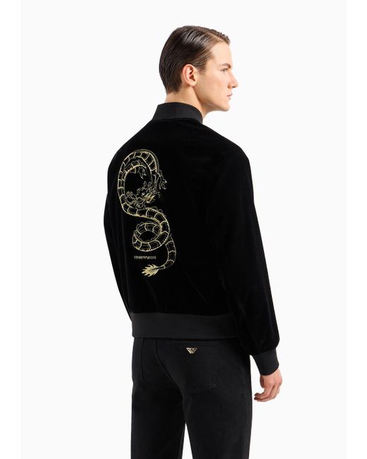 Emporio Armani Black Velvet Bomber With Oversize Dragon Embroidery for men