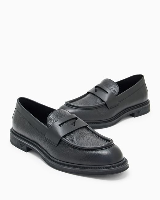 Emporio Armani Black Pebbled Leather Loafers for men