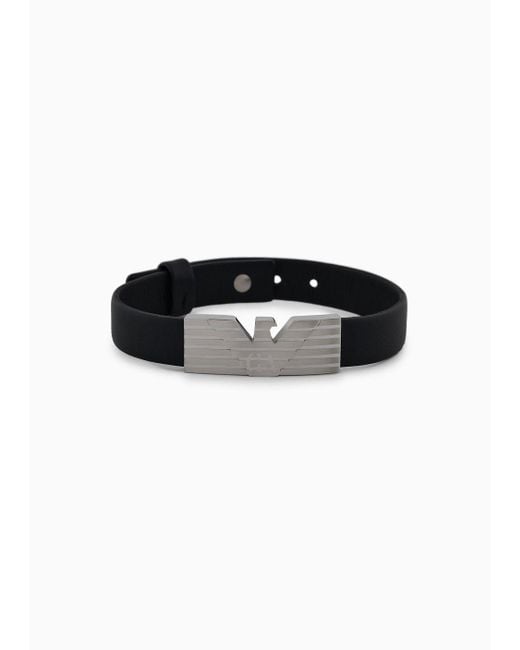 Emporio Armani Stainless Steel And Black Leather Strap Id Bracelet for men