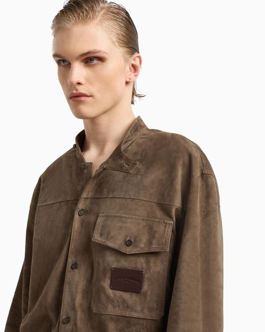 Emporio Armani Hemd-Jacke Aus Ziegen-Veloursleder Mit Grandad-Kragen in Brown für Herren