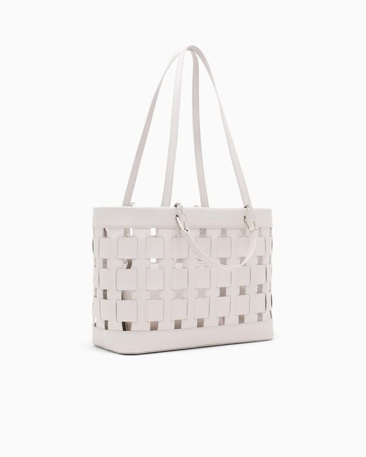 Emporio Armani White Tote Bag With Woven Design Double Handles And Pouch