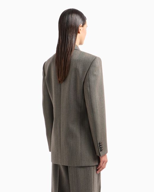 Emporio Armani Gray Mouliné Wool-Blend Chevron Motif Double-Breasted Blazer With Shawl Collar