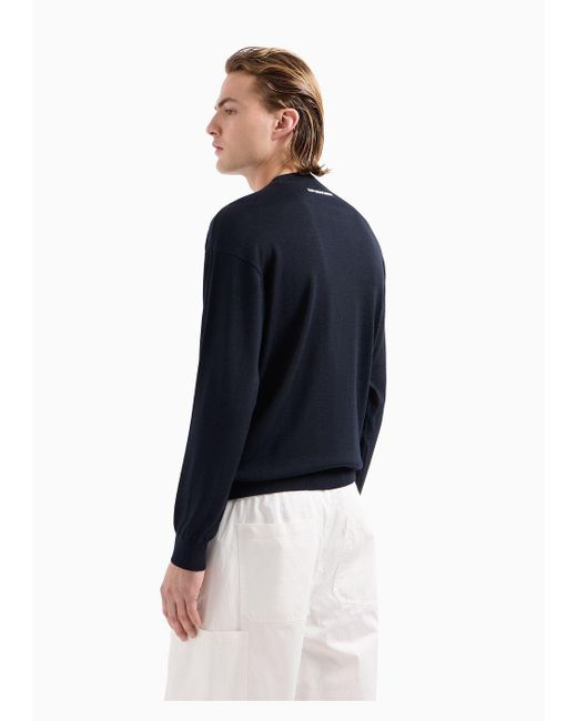 Emporio Armani Blue Plain-knit Virgin-wool Jumper With French Bulldog Embroidery for men