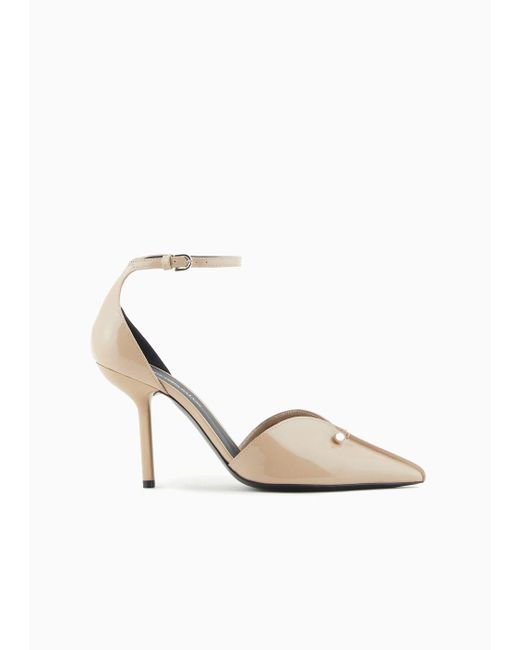 Emporio Armani White Patent-leather Pointed Court Shoes With Strap And Piercing