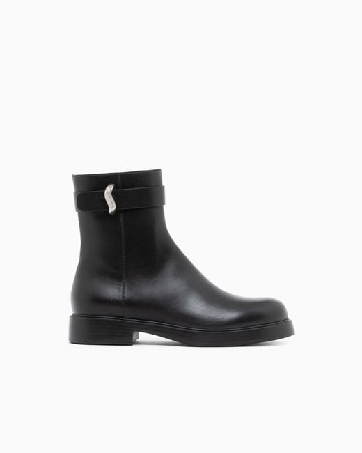 Emporio Armani Black Leather Ankle Boots With Side Zip And Buckled Strap