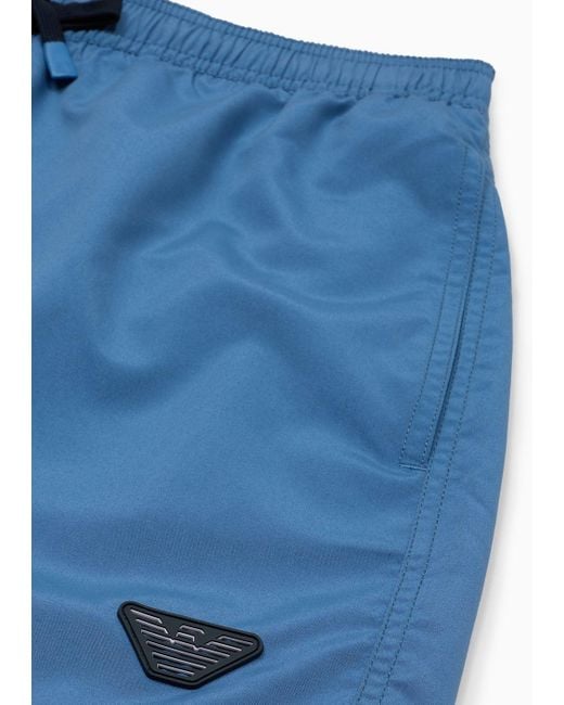 Emporio Armani Blue Swim Trunks With Laser-cut Eagle Patch for men